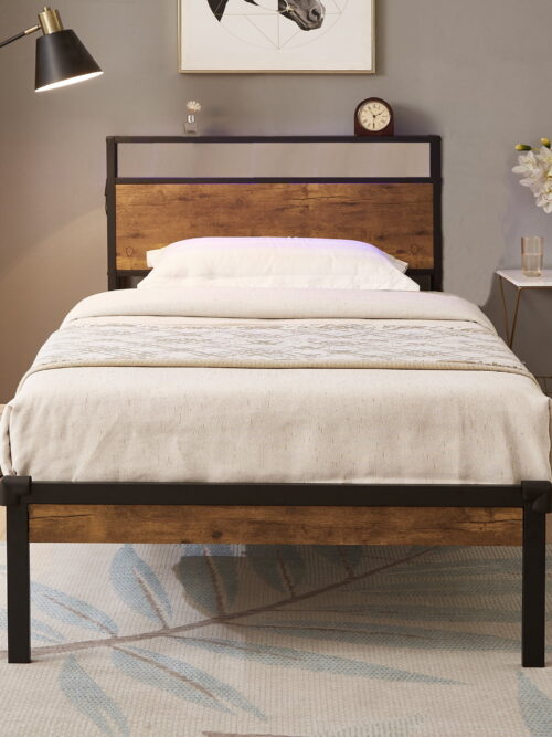 Aukfa Metal Twin XL Size Bed Frame with USB Charge Port, Wood Storage Headboard Shelf, Black