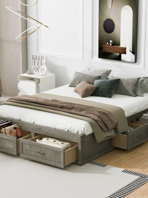 Aukfa Platform Bed with 6 Storage Drawers, Queen Size Captain Bed Frame, Farmhouse Style, Antique Gray