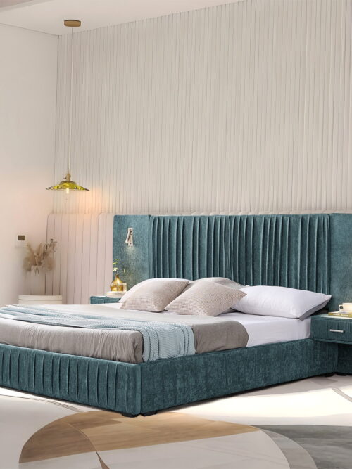 Aukfa Queen Size Upholstered Bed Frame with LED Lights and Built-In Nightstands, Oversized Wingback Headboard, Blue