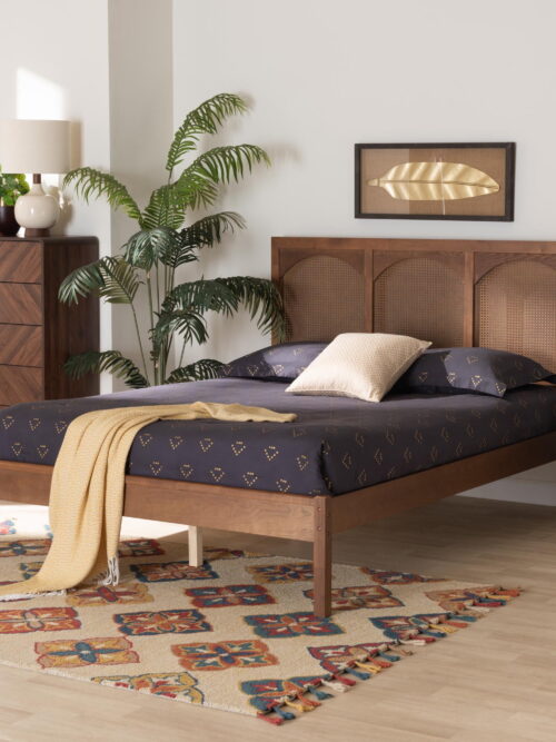 Baxton Studio Blossom Classic and Traditional Ash Walnut Finished Wood and Rattan Queen Size Platform Bed