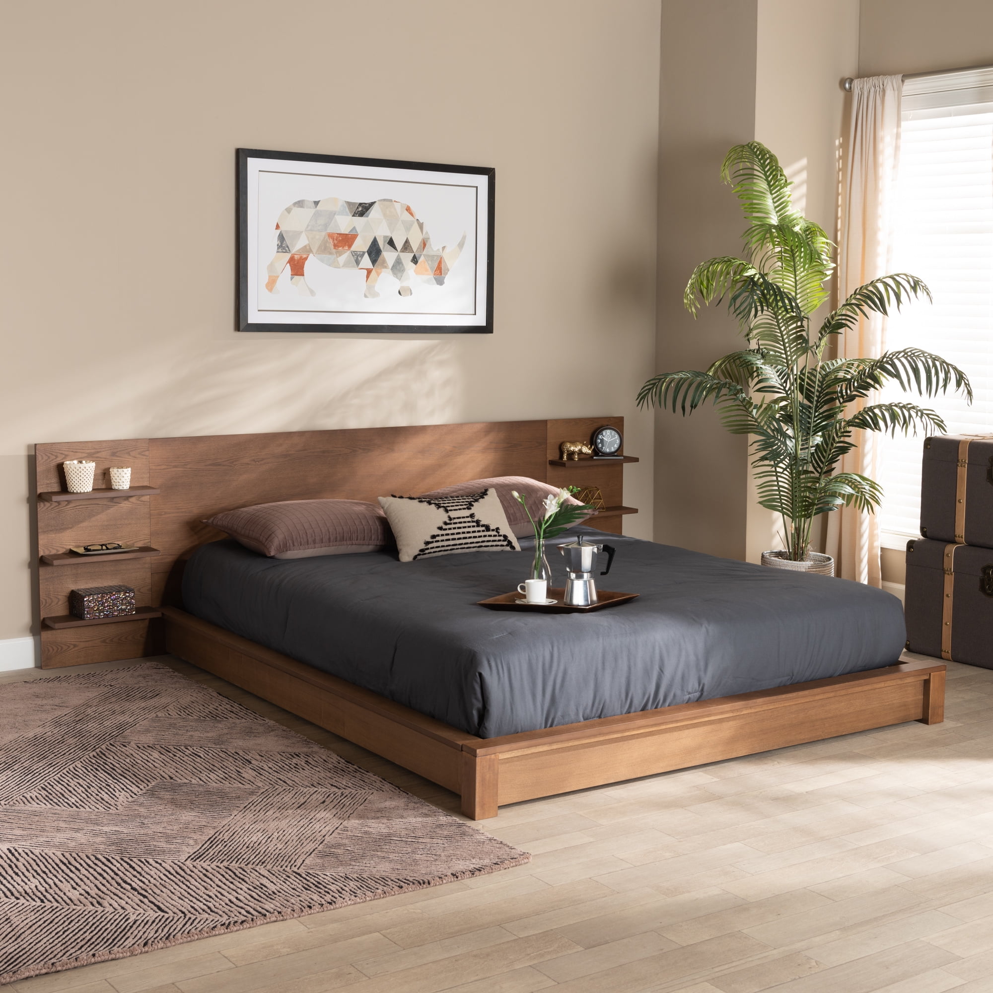 Baxton Studio Elina Contemporary/Modern Engineered Wood Storage Platform Bed, Queen, Walnut Brown