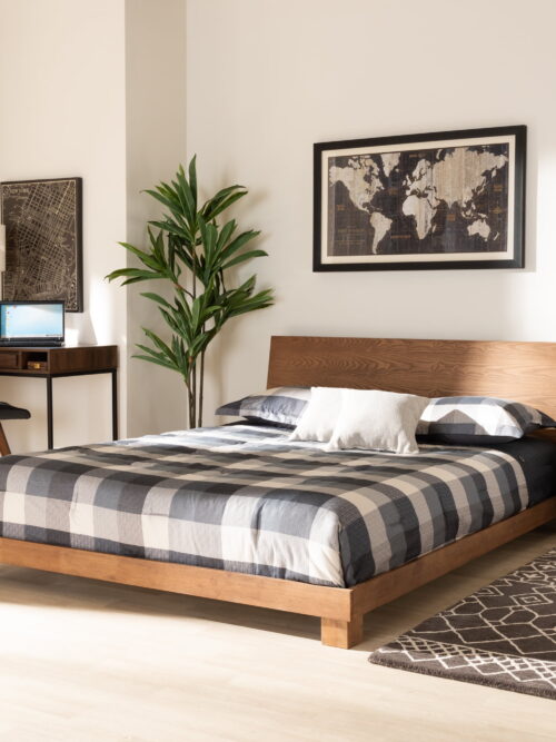 Baxton Studio Haines Contemporary/Modern Engineered Wood Back Support Platform Bed, Queen, Walnut Brown