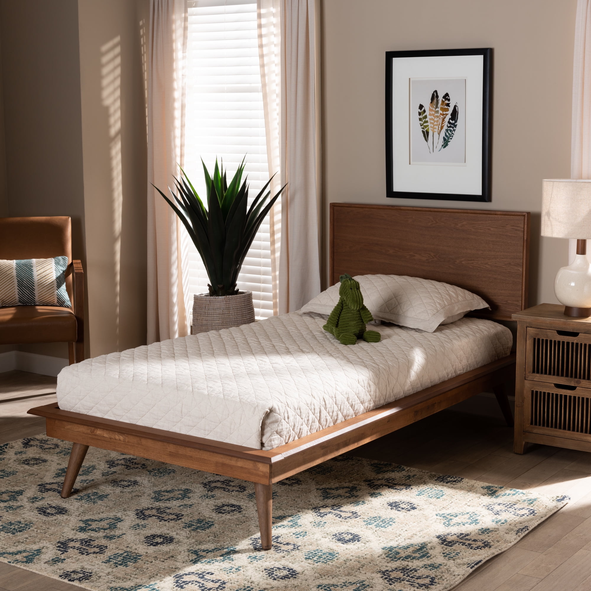 Baxton Studio Karine Mid-Century Engineered Wood Platform Bed, Twin, Ash Walnut