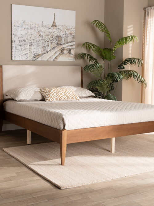 Baxton Studio Lenora Mid-Century Modern Beige Fabric Upholstered and Walnut Brown Finished Wood Queen Size Platform Bed