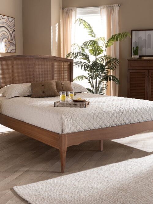 Baxton Studio Marieke Vintage Queen Bed Woven Headboard, Ash Walnut