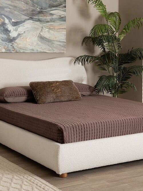 Baxton Studio Maya Mid-Century Modern Cream Boucle Fabric and Oak Brown Finished Wood Queen Size Platform Bed