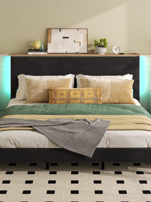 Bestier King Platform Bed with Adjustable Storage Headboard Shelf, LED Corduroy Upholstered Bed Frame, Black