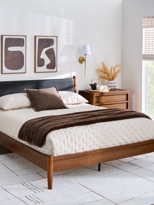 Better Homes & Gardens Greyson Queen Platform Bed, Black Faux Leather and Acorn Finish