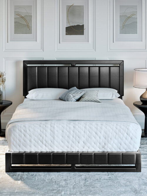 Boyd Sleep Beaumont Black Faux Leather Queen Size Fully Upholstered Platform Bed Frame with Adjustable Headboard