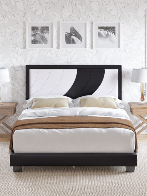 Boyd Sleep Bree White/Black Faux Leather Full Size Fully Upholstered Platform Bed Frame with Adjustable Headboard