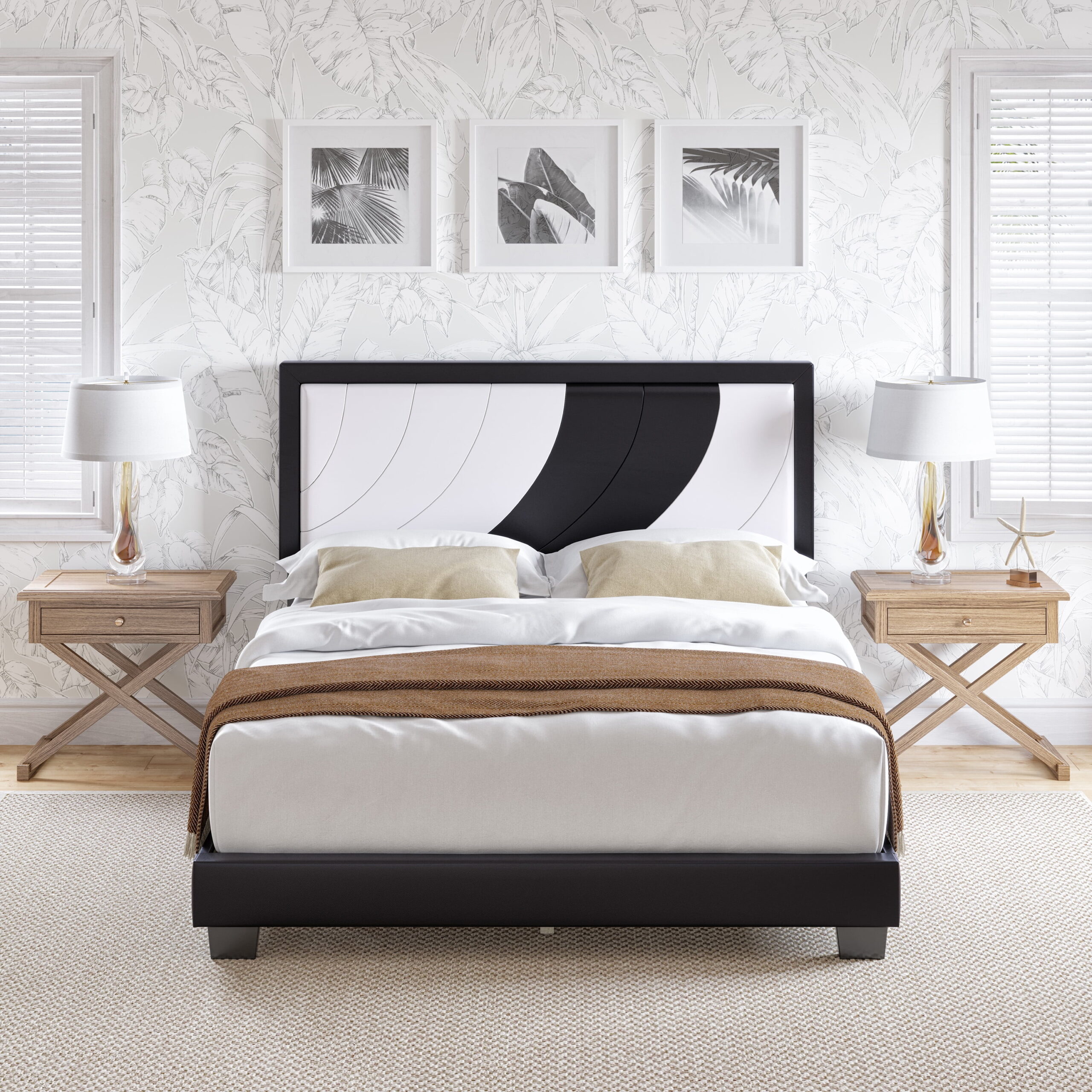 Boyd Sleep Bree White/Black Faux Leather Full Size Fully Upholstered Platform Bed Frame with Adjustable Headboard