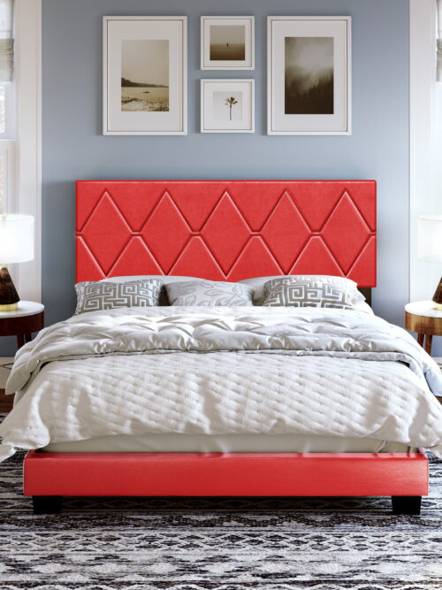 Boyd Sleep Charlat Red Faux Leather Full Size Fully Upholstered Platform Bed Frame with Adjustable Headboard, Qualified Box Spring or Foundation Required for Use