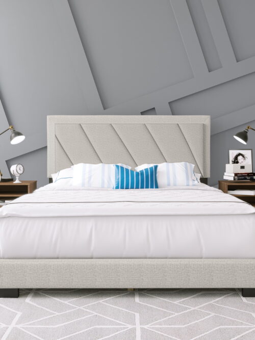 Boyd Sleep Diagonal Off White Linen Queen Size Fully Upholstered Platform Bed Frame with Adjustable Headboard, Qualified Box Spring or Foundation Required for Use