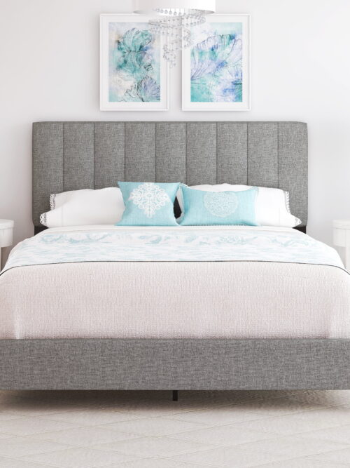 Boyd Sleep Leah Gray Linen Queen Size Fully Upholstered Platform Bed Frame with Adjustable Headboard