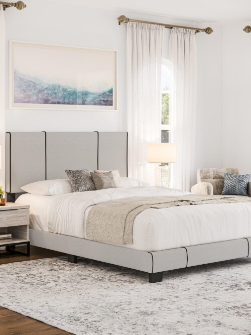 Boyd Sleep Lucena Off White Linen Queen Size Upholstered Platform Bed Frame with Adjustable Headboard, Qualified Box Spring or Foundation Required for Use