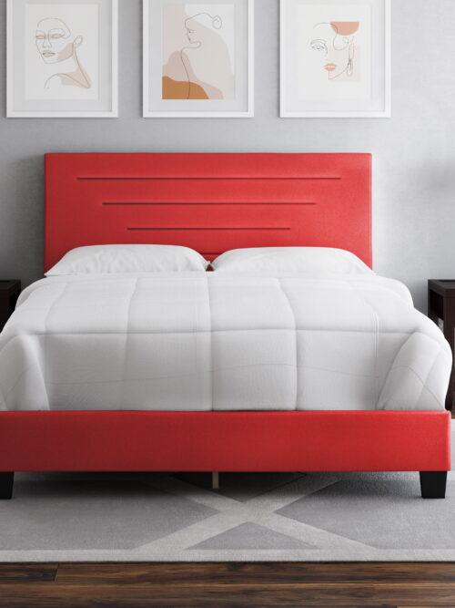 Boyd Sleep Luxembourg Red Faux Leather Queen Size Fully Upholstered Platform Bed Frame with Adjustable Headboard, Qualified Box Spring or Foundation Required for Use