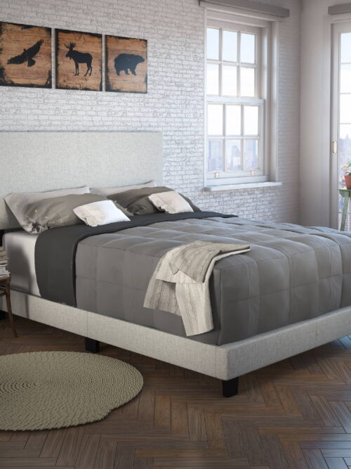 Boyd Sleep Milan Off White Linen Full Size Fully Upholstered Platform Bed Frame with Headboard, Qualified Box Spring or Foundation Required for Use