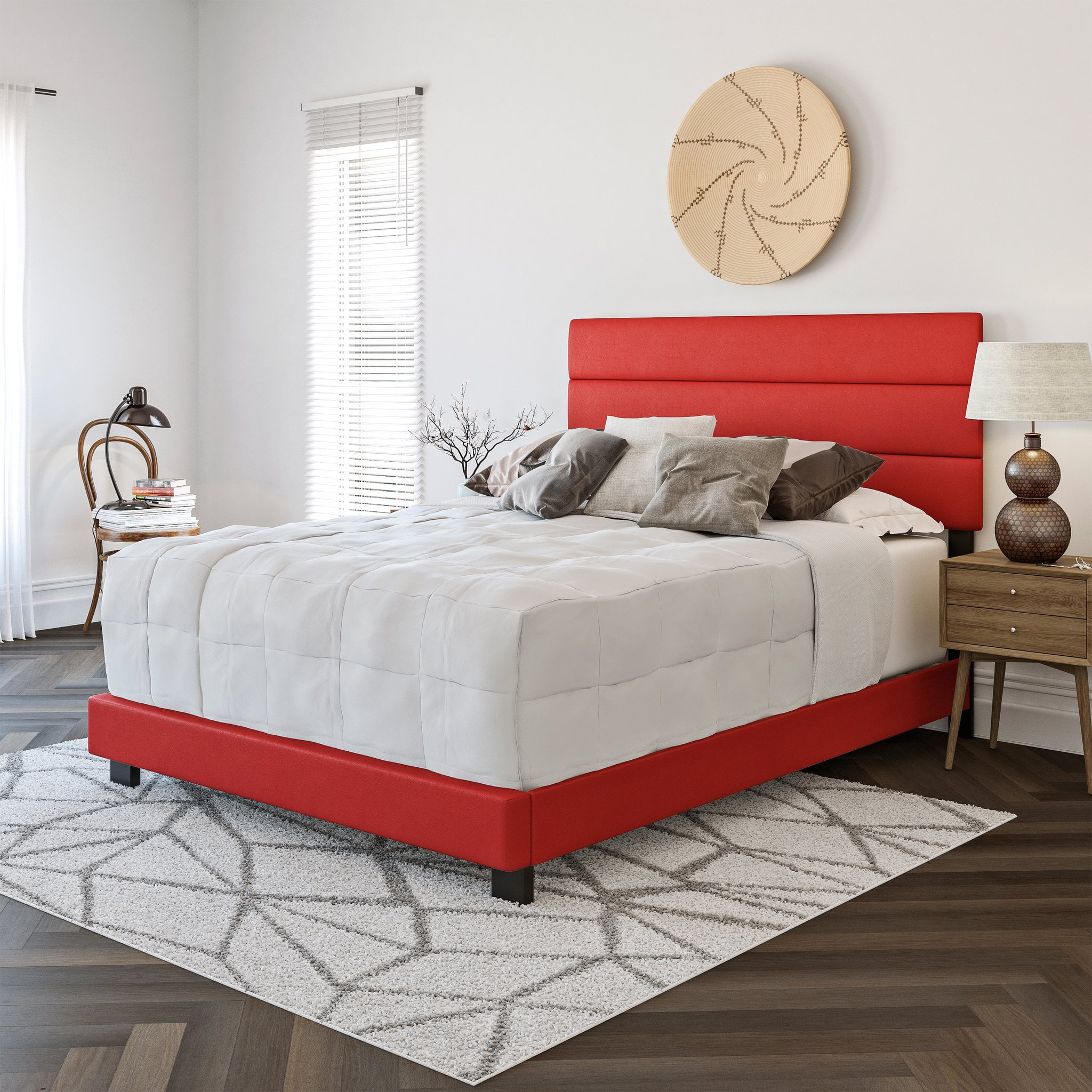 Boyd Sleep Napoli Red Faux Leather Full Size Fully Upholstered Platform Bed Frame with Adjustable Headboard, Qualified Box Spring or Foundation Required for Use