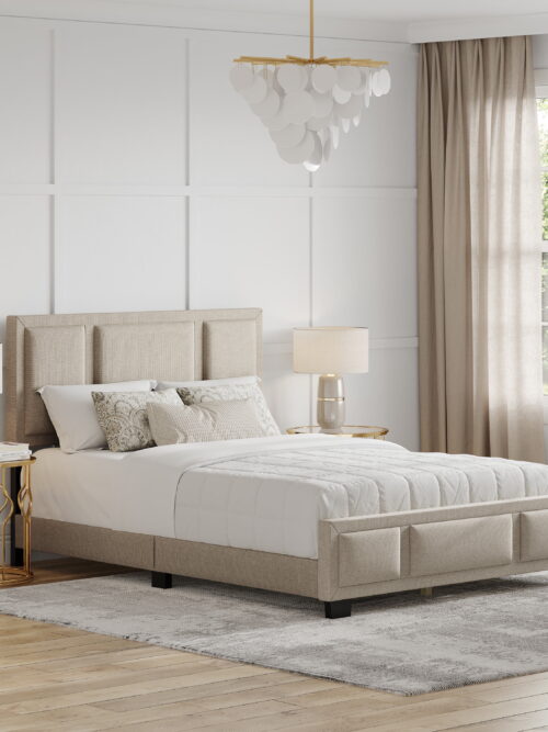 Boyd Sleep Triptych Off White Linen Queen Size Upholstered Platform Bed Frame with Adjustable Headboard