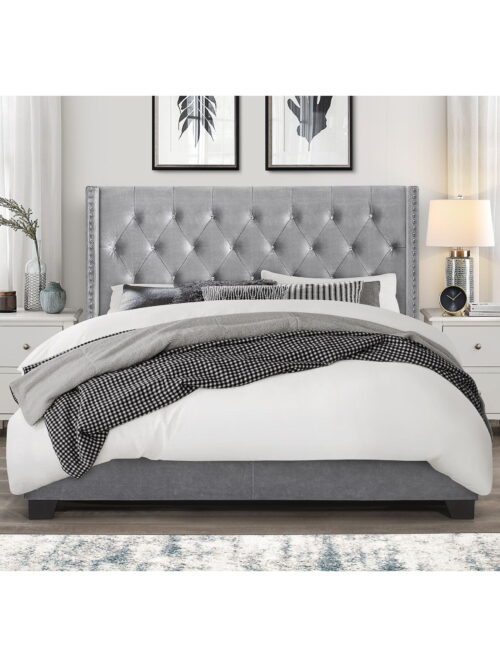 Home Design Brady Queen Tufted Wingback Upholstered Panel Bed Frame, Silver Gray-Velvet (Diamond)