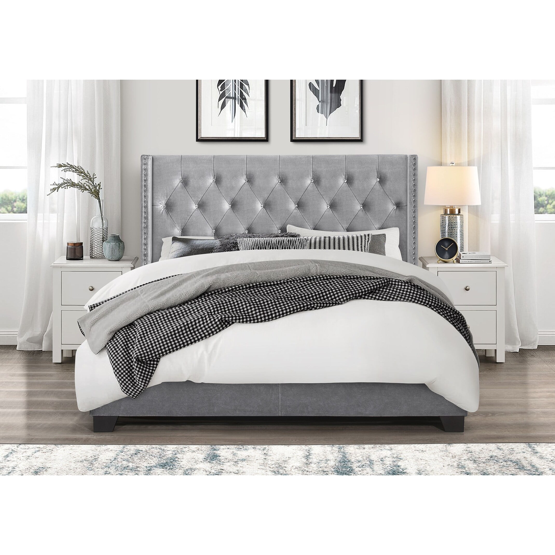 Home Design Brady Queen Tufted Wingback Upholstered Panel Bed Frame, Silver Gray-Velvet (Diamond)