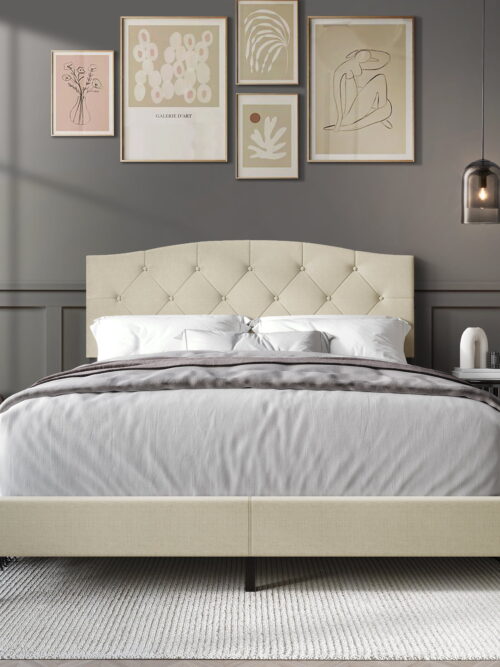 Castle Place Button Tufted Linen Upholstered Platform Bed, Beige, Queen