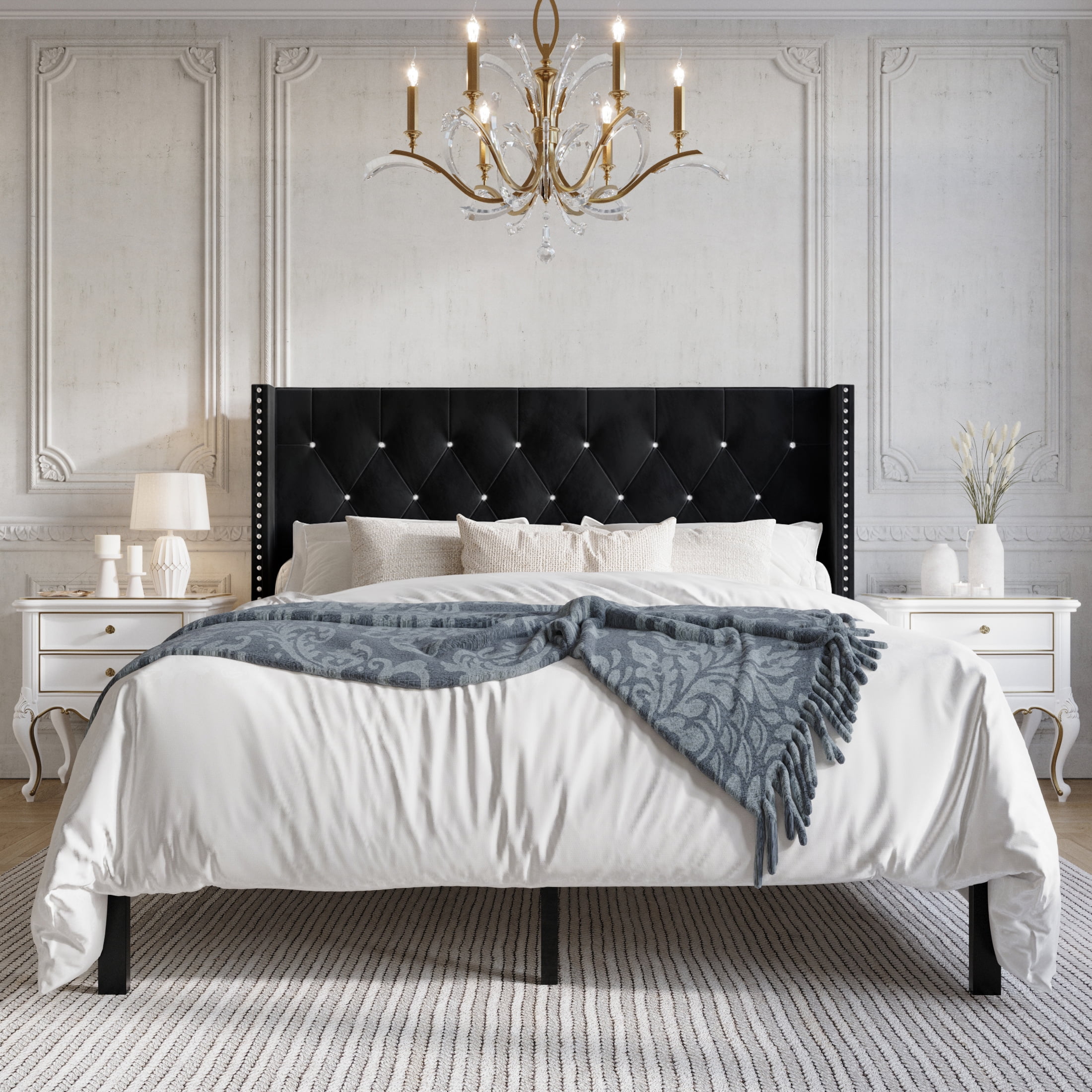 Castle Place Button Tufted Wingback Velvet Upholstered Bed, Black, Queen