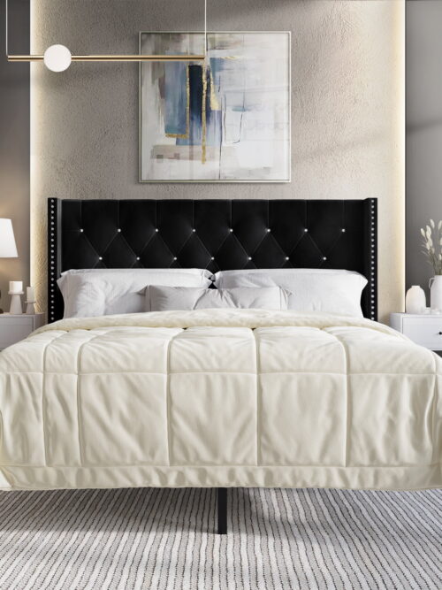 Castle Place Button Tufted Wingback Velvet Upholstered Bed with 2 Nightstands, Black, Full