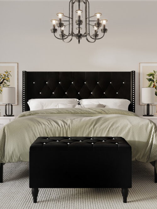 Castle Place Button Tufted Wingback Velvet Upholstered Bed with Storage Bench, Black, King