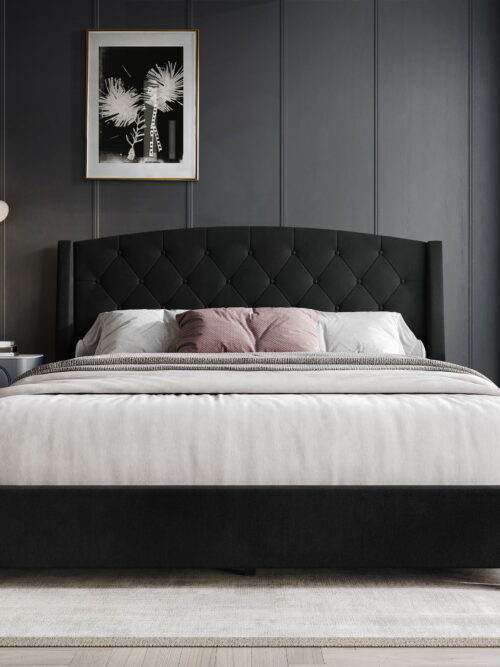 Castle Place Velvet Platform Bed, King Size, Black with Storage