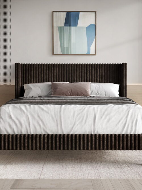 Castle Place Contemporary Corduroy Velvet Upholstered Wingback Queen Bed, Brown