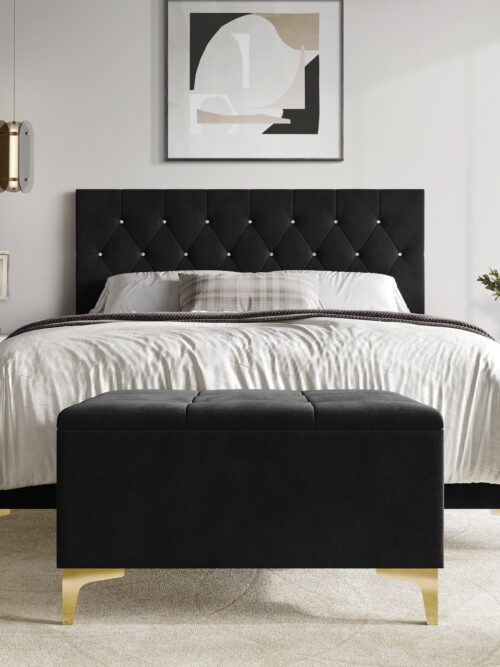 Castle Place Black Velvet Twin Size Upholstered Bed with Storage Bench