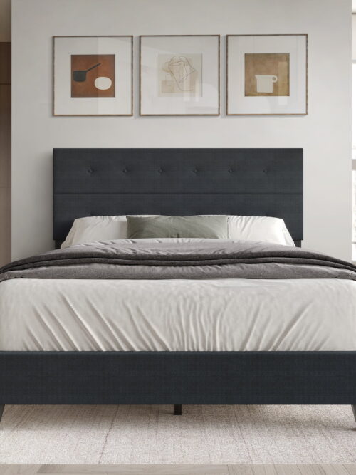 Castle Place Elegant Button Tufted Linen Upholstered Twin Bed, Charcoal Grey