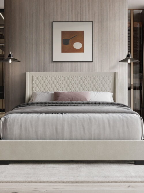 Castle Place Elegant Retreat Diamond Stitch Velvet King Platform Bed with Storage Drawers, Beige
