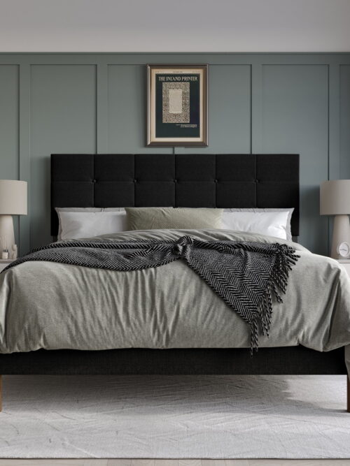 Castle Place Elegant Square Tufted Linen Upholstered Full Platform Bed, Black