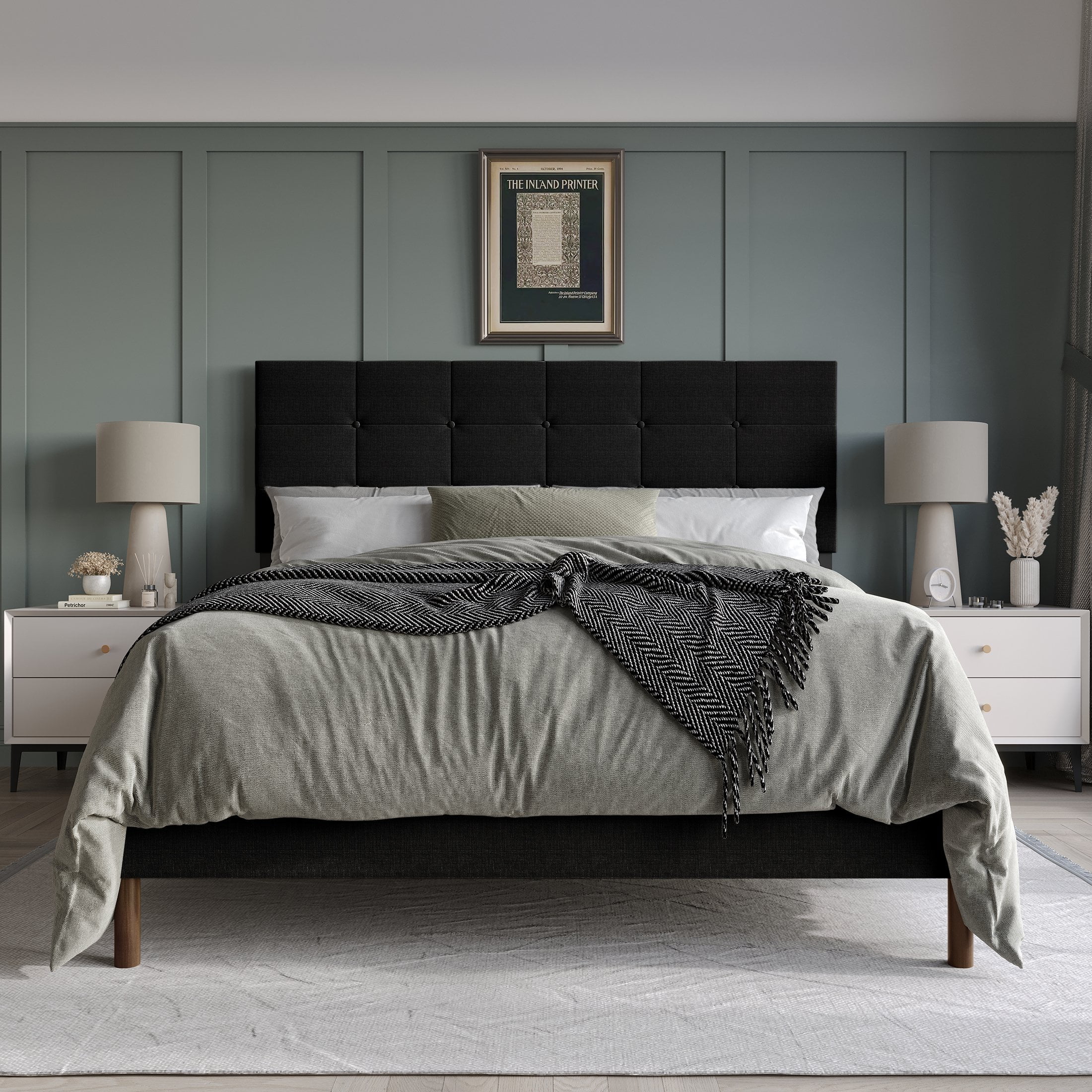 Castle Place Elegant Square Tufted Linen Upholstered Full Platform Bed, Black