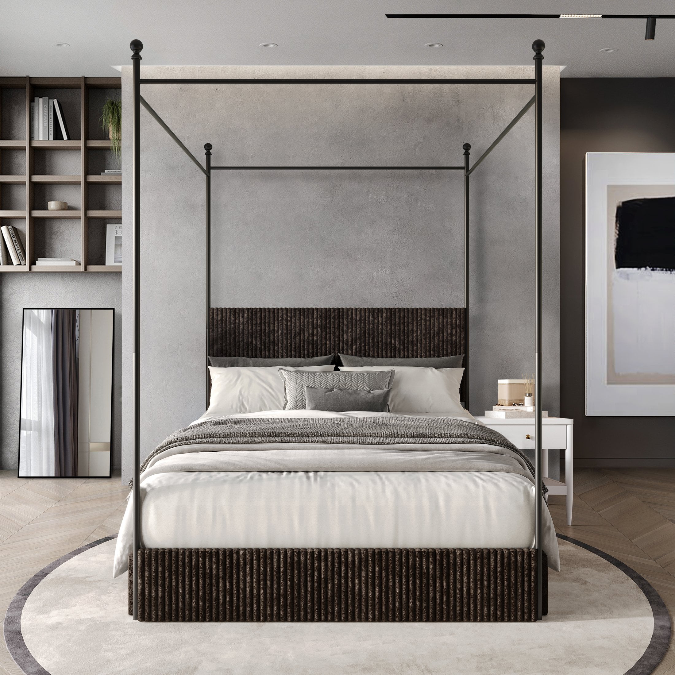 Castle Place Luxurious Corduroy Velvet King Metal Platform Bed with 4 Storage Drawers, Brown