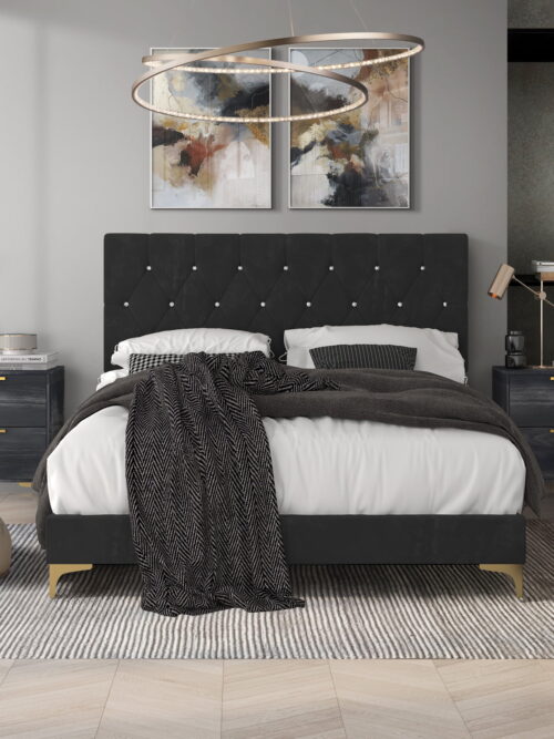 Castle Place Luxurious Crystal Velvet Upholstered Queen Bed With 2 Nightstands, Black