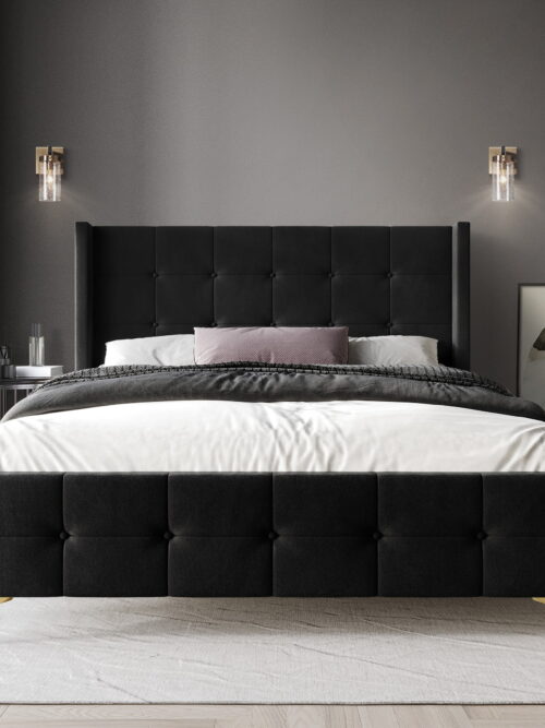 Castle Place Luxury Full Size Velvet Upholstered Bed In Black