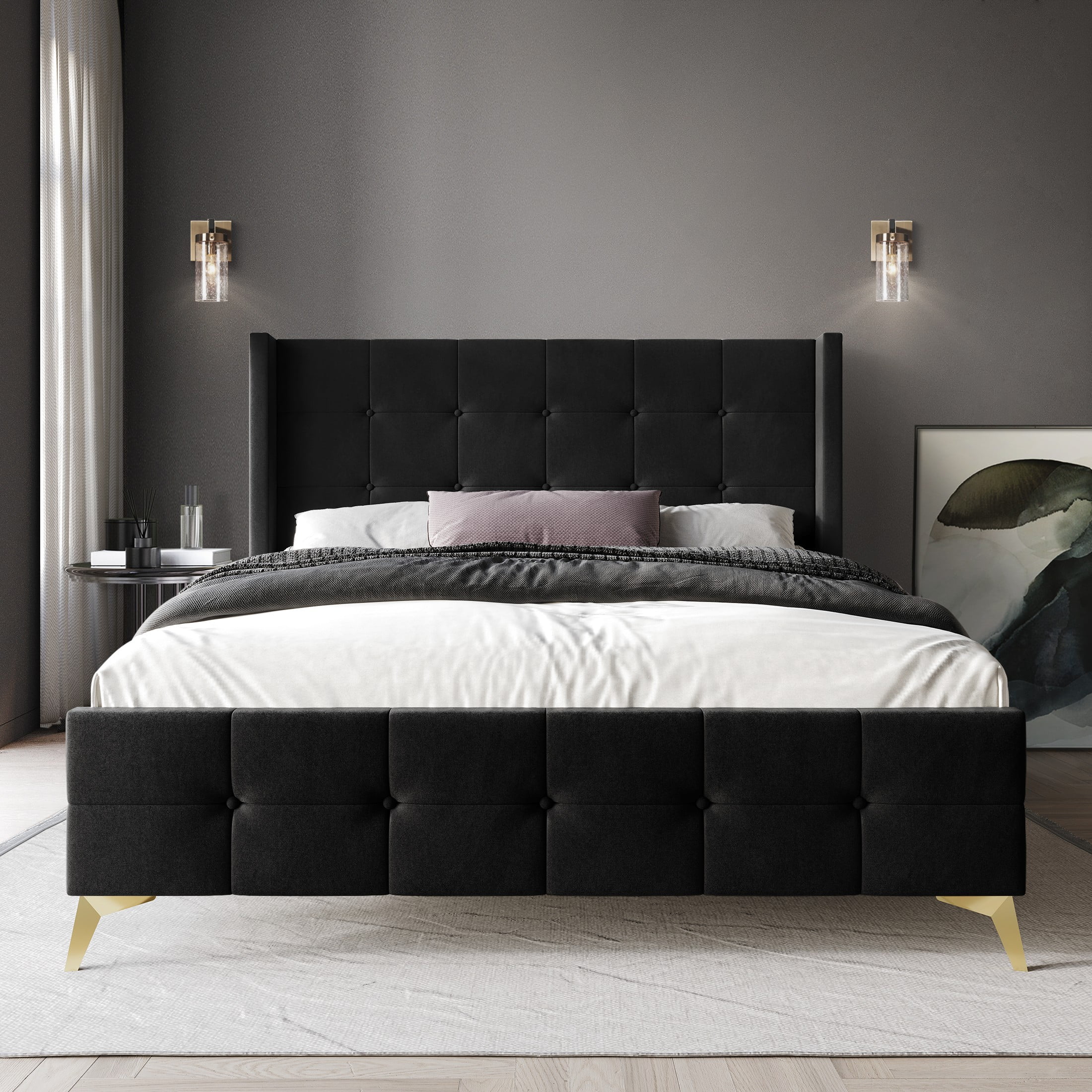 Castle Place Luxury Full Size Velvet Upholstered Bed In Black