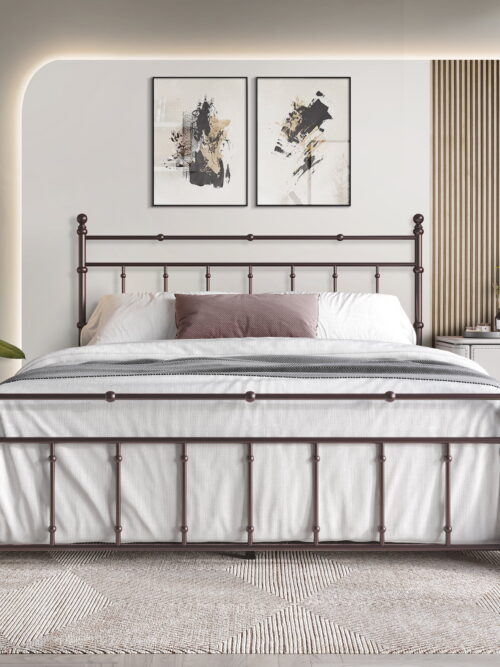 Castle Place Minimalist Modern Queen Size Metal Platform Bed, Brown
