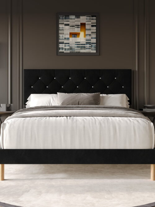 Castle Place Modern Diamond Tufted Velvet Upholstered Queen Bed, Black