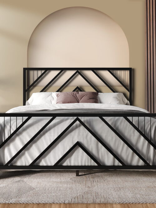 Castle Place Modern Geometric Slat King Size Metal Platform Bed, Black