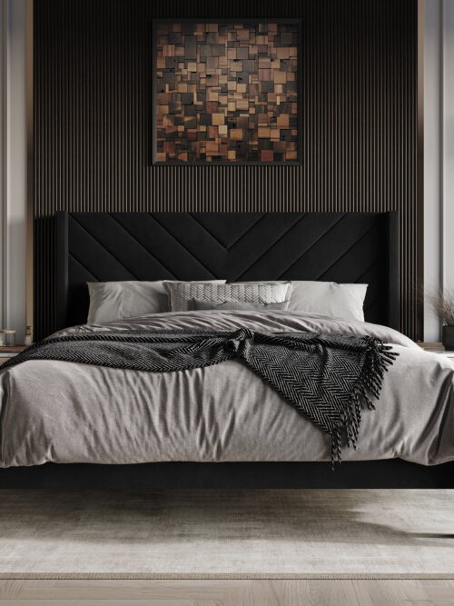 Castle Place Modern Glam Velvet Upholstered Wingback King Bed, Black
