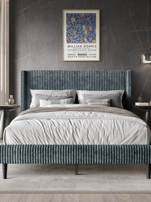 Castle Place Modern Wingback Corduroy Velvet Upholstered Queen Platform Bed, Light Blue