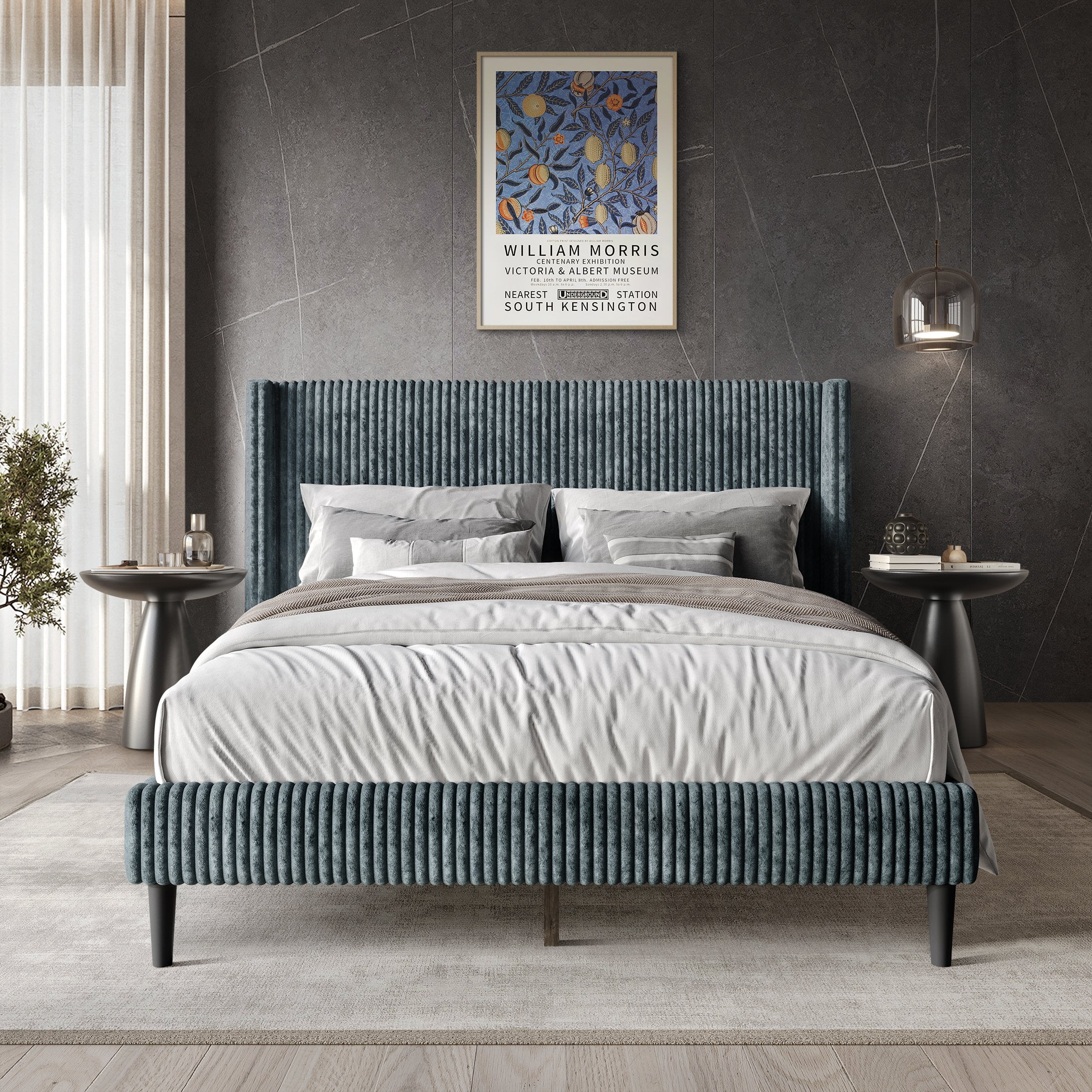 Castle Place Modern Wingback Corduroy Velvet Upholstered Queen Platform Bed, Light Blue
