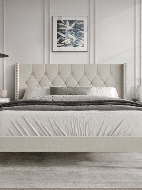 Castle Place Nailhead Trim Tufted Linen Upholstered Wingback Queen Bed, Warm Grey