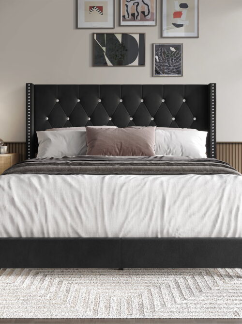 Castle Place Nailhead Trim Wingback Upholstered Bed, Black Velvet, Queen
