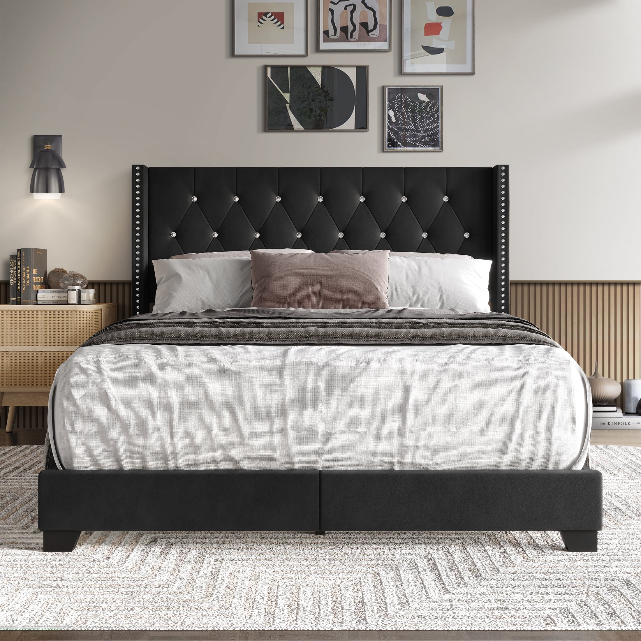 Castle Place Nailhead Trim Wingback Upholstered Bed, Black Velvet, Queen