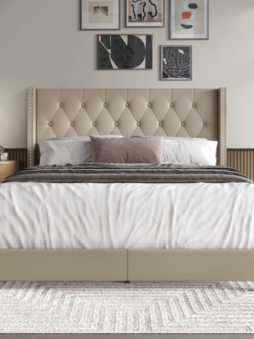 Castle Place Nailhead Trim Wingback Upholstered Bed, Gold Faux Leather, King